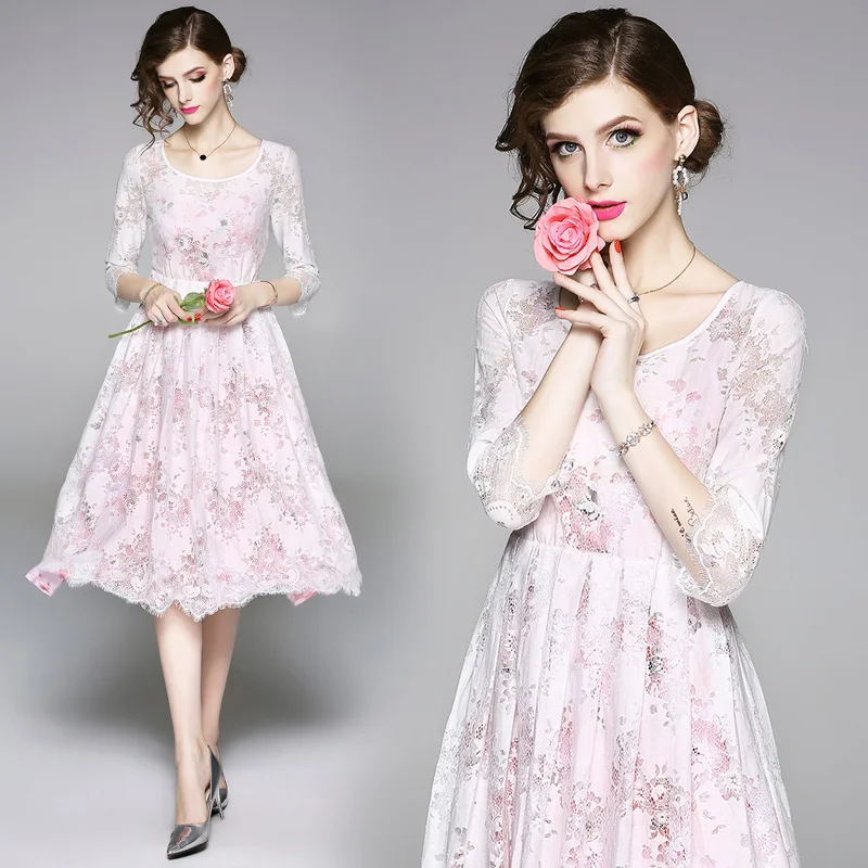 
Wholesale M to XXL Women Fashion Three Quarter Sleeve Print Chiffon Tank Dress with Elegant A Line Lace Dress Twinset 