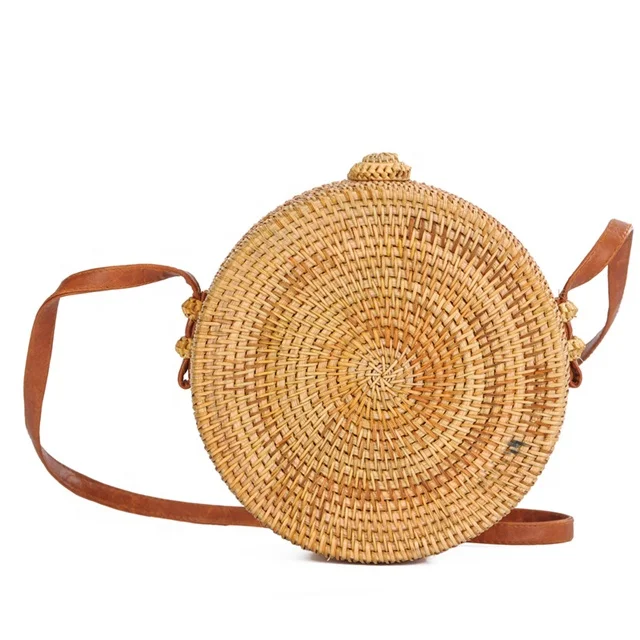 Ecofriendly Hot Summer Handmade Beach Bag  Women Fashion Bali Bohemian Beach  Circle Handbag Woven  Round Mini Rattan Straw Bag