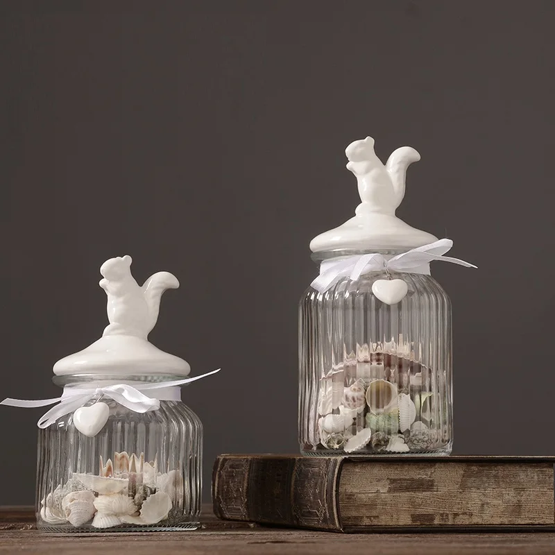 Cookie food storage Clear glass candy jar with creative bird shape/heart shape/bone ceramic lid