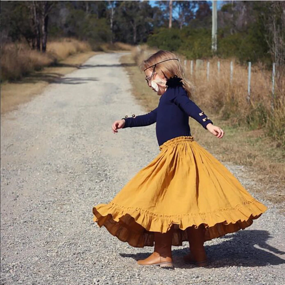 
INS popular vintage children clothing girls long solid color skirt organic lovely casual girls long skirt 
