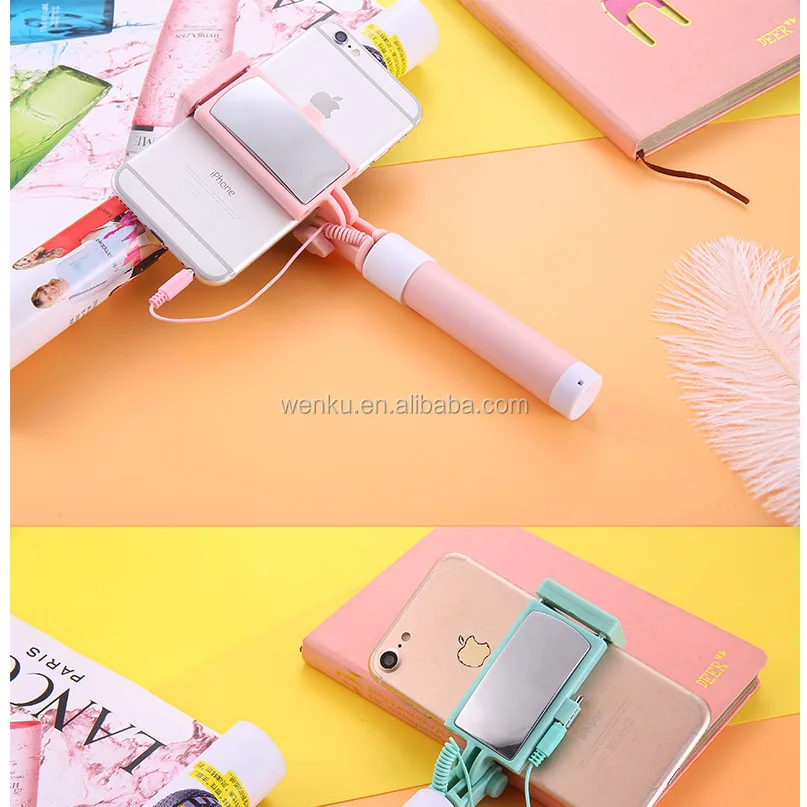 2017 new wholesale rearview mirror mini wired selfie stick