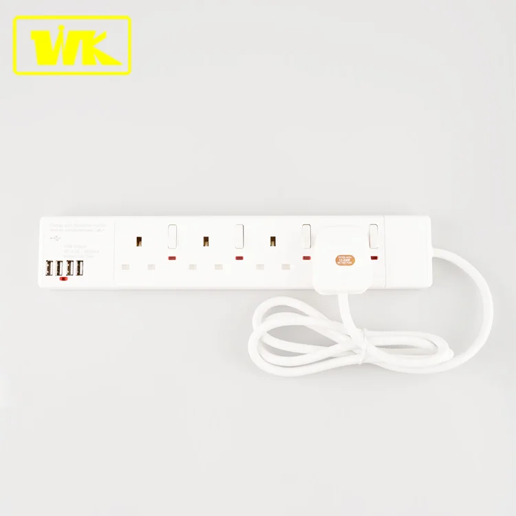 4800MA USB Output with 13A 4-Gang Power USB Extension Cable with Fused Plug-Top & 2M Cable, Individual Switch & Neon