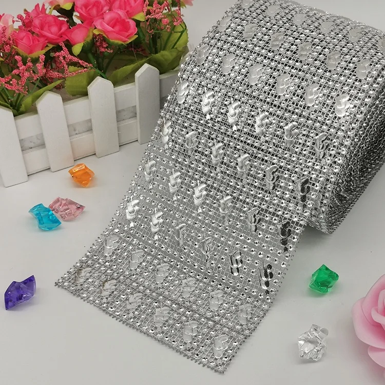 wholesale 24 row Silver Heart Silver Diamante Wedding Table Wrap  motif strass mesh ribbon trim