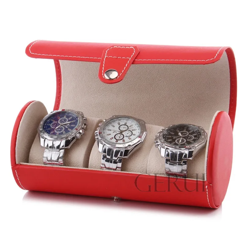 Travel Portable Round Tin Mens Watch Gift Box Leather Rolling Watch Travel Case