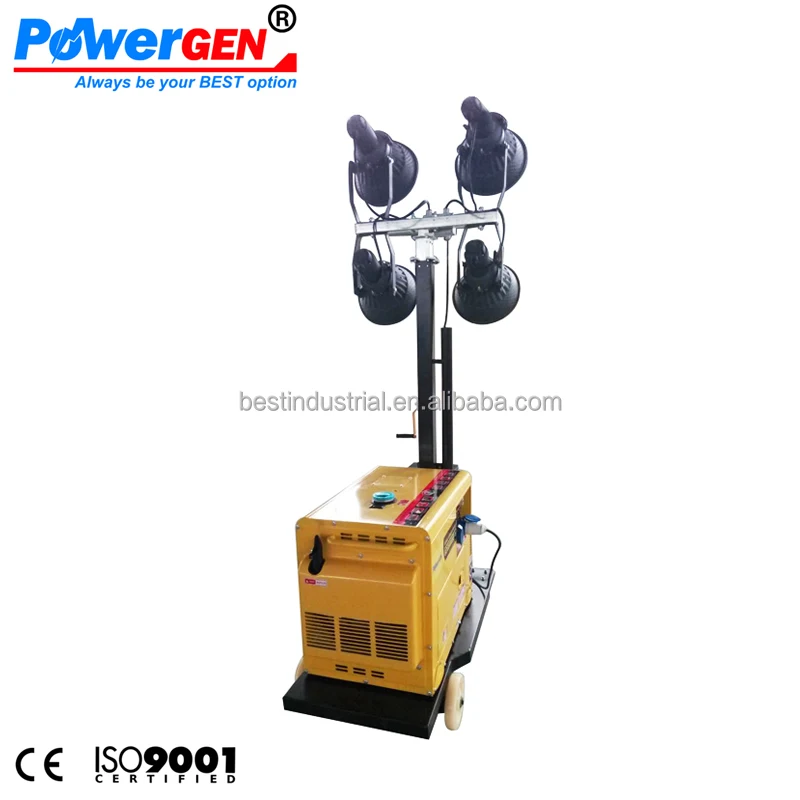 Cheapest Price !!! POWERGEN 50/60Hz Mobile Diesel Generator Tower 5KW 4.8m Metal Halide Lighting Portable Light Tower 4x250W