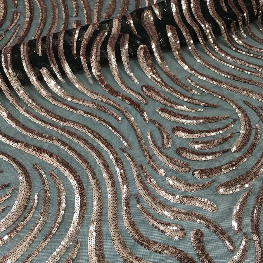 Черная кружевная ткань с крупными блестками дизайн вышивкой волнами высокомодная для платья или одежды