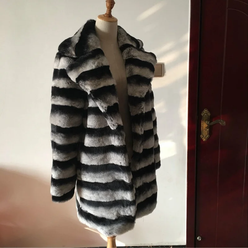 2019 Long Sleeves Stripe Standing Collar Chinchilla Rex Rabbit Fur Coat