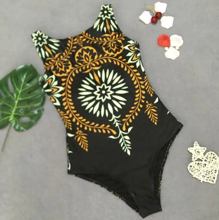 
2019 Lady High Neck Boho Closed Thong Swimwear Women One piece Swimsuit Female Swim Bathing Suit Monokini Bodysuit Trikini 