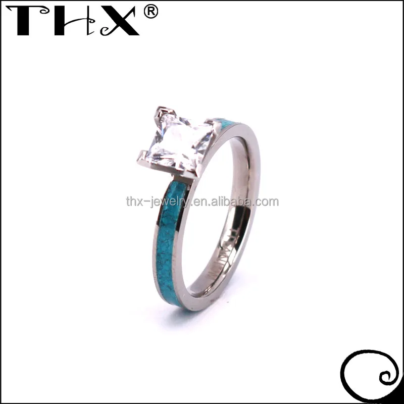 4mm Crushed Turquoise Women Ring Woman Titanium Wedding Engagement Ring Design Big Prong Set Cubic Zirconia Titanium Ring