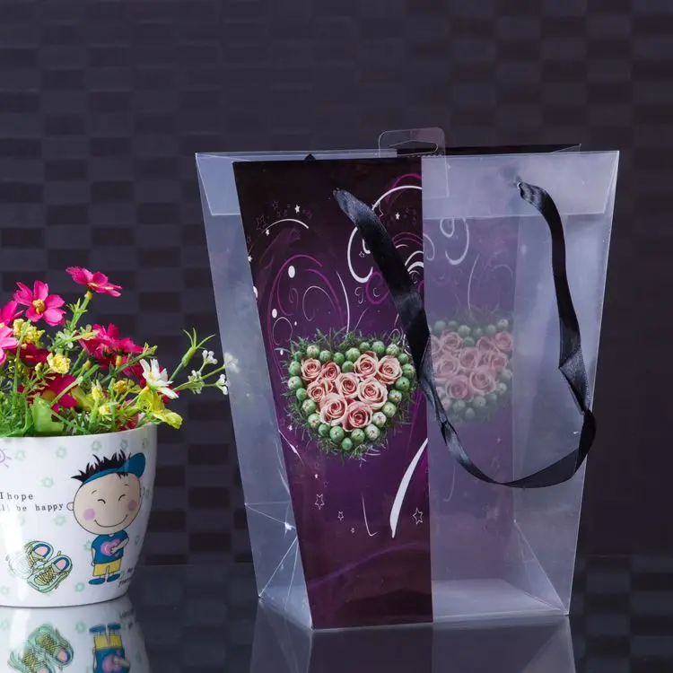 Clear Plastic PP flower carry bags with hanging for flower easy to carry on hand bag