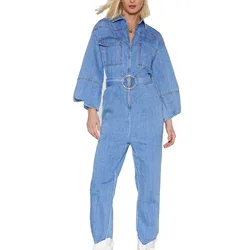 2019 Hot sale  long sleeve blue Rompers for women  tie belted casual loose washed denim jumpsuits