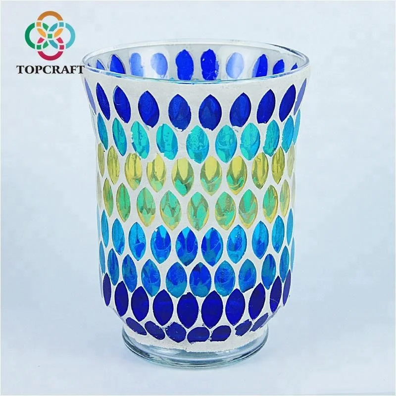 2019 Wholesale Unique Candle Holder Lantern Hurricane Lamp Stained Mosaic Glass Lamp