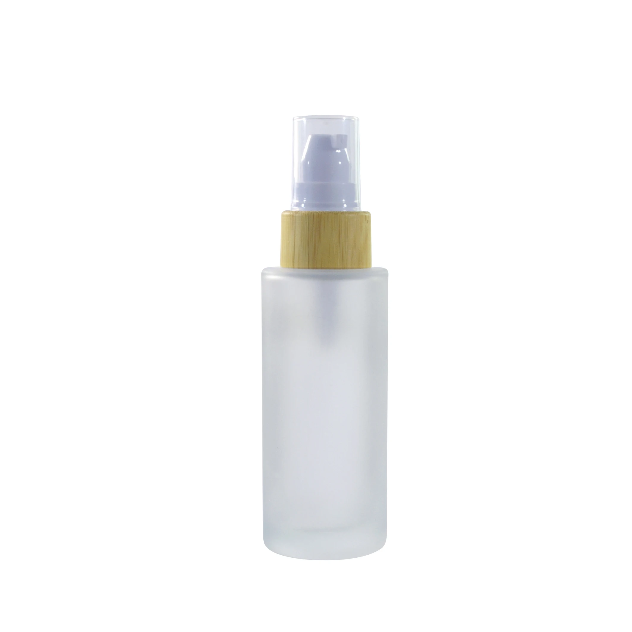 Hot selling 30ml 50ml 100ml 120ml 150ml cosmetic frosted glass bottle with bamboo spray pump lotion cap