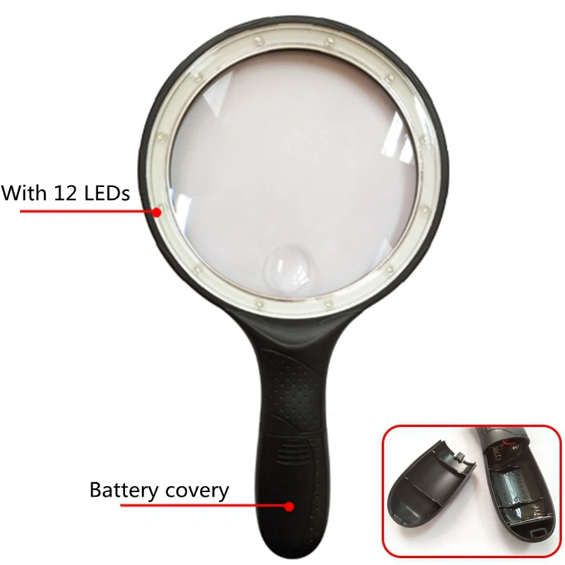 138 мм очень большой объектив Ручной Лупа, украшенное мозаикой из драгоценных камней, 12 led свет