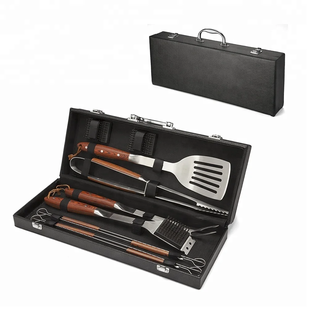 11-Piece Stainless-Steel Barbecue Grilling Tool Accessories Utensils Set with Spatula, Tongs, Forks, Brush, and Leather Case