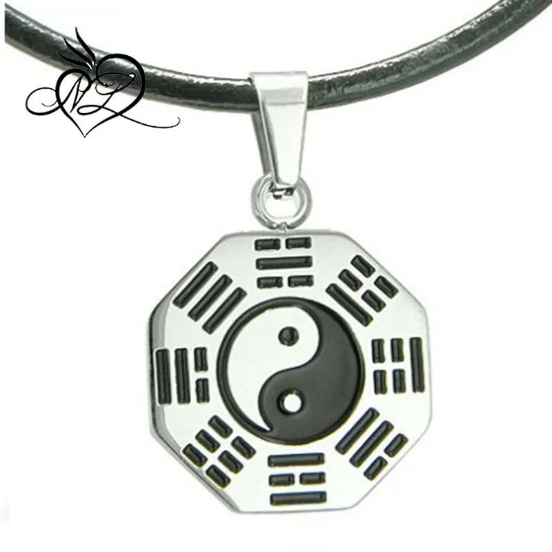 Amulet Yin Yang BA GUA Eight Trigrams Stainless Steel Lucky Charm Pendant on Leather Cord Necklace