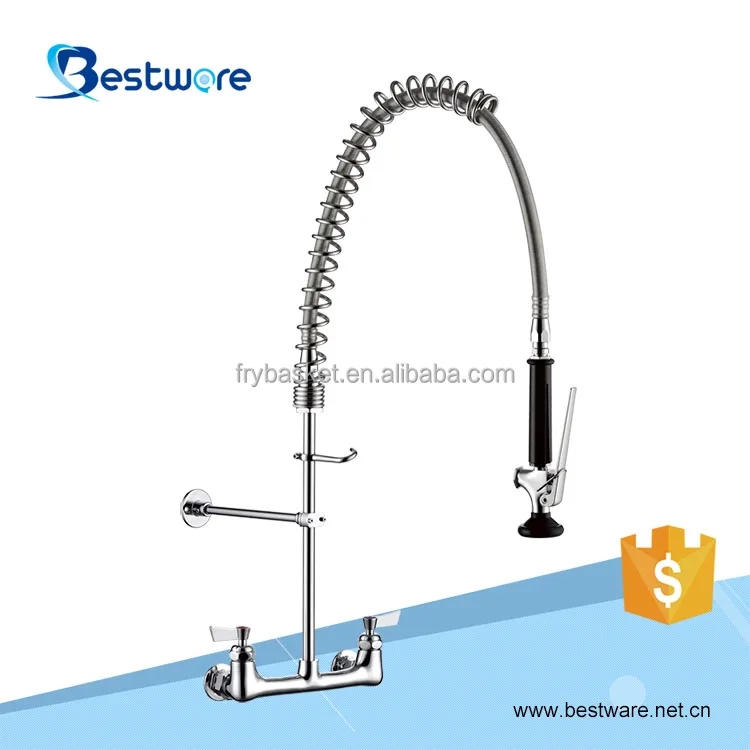 Brushed Goose Neck Sample Wall Splash Mount Water Faucets Spring Loaded Rinser with Move Hose Prerinse Watermark Sink