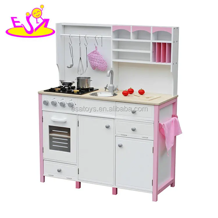 New design luxurious girls pretend play toys wooden pink toy kitchen W10C281