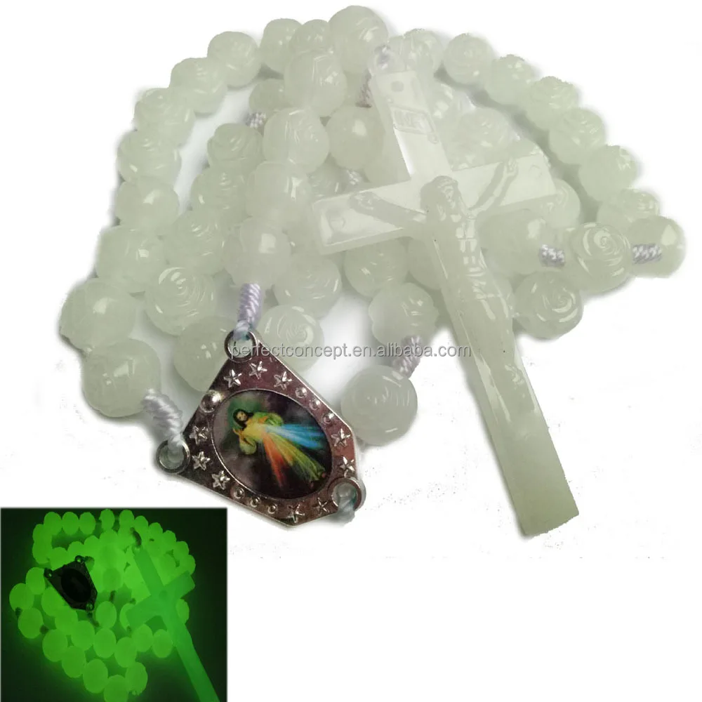 Glow in the dark rosary plastic cross necklace