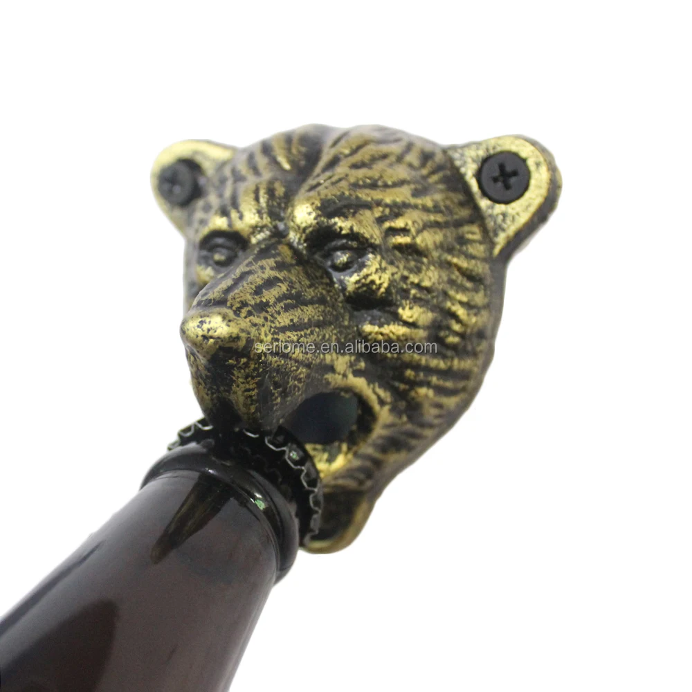 Antique Brass Cast Iron Wall Mounted Bear Animal Head Bottle Opener