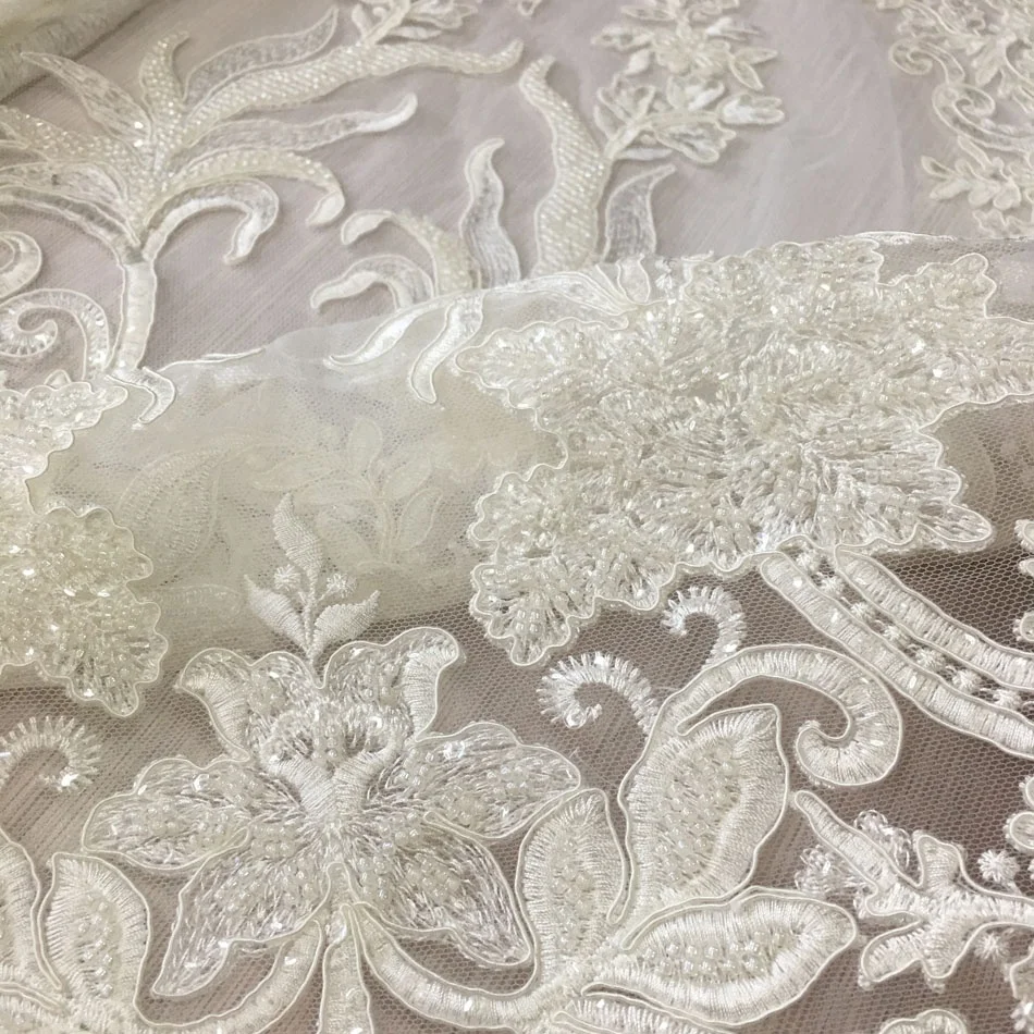 high quality machine beaded embroidered bridal lace fabric luxury embroidery beads sequins dress fabric
