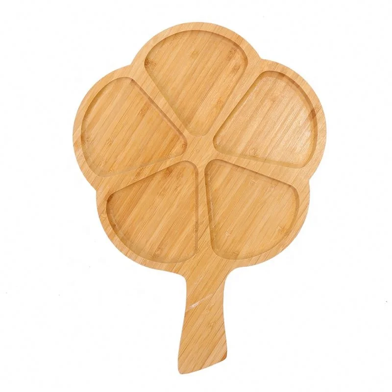 
Eco-Friendly 5 Section Serving Dish Tray Long Handle Bamboo Divided Plate For Snack/Food 