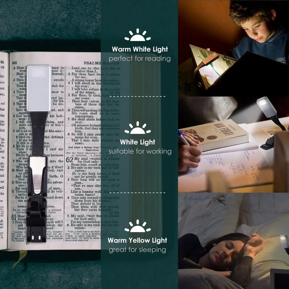 
Yarrae 2018 Rechargeable LED Clip Book Light for Bed Reading, 3 Color Reading Book with Brightness Adjustable 