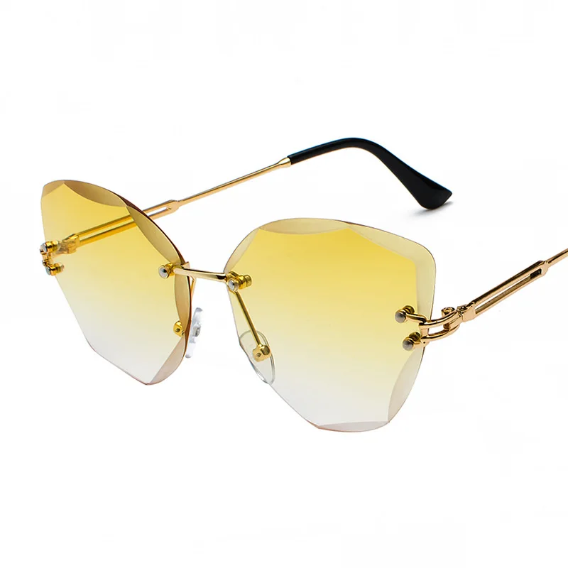 wholesale ocean gradient color cutting lens rimless sun glasses women fashion shades cateye sunglasses