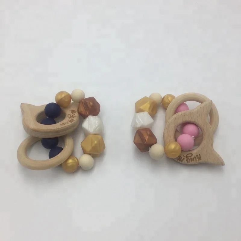 Wholesales Baby Food Grade Silicone Beads Teether Bracelet Toys With Wooden Logo Engraved Ring Teethers MFB-220