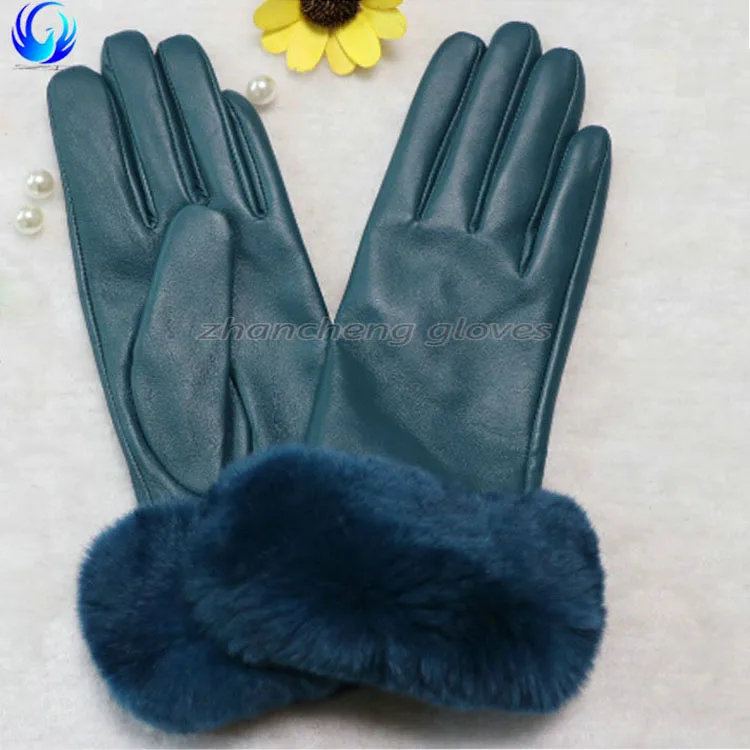 Funky women genuine sheep leather hand gloves with rabbit fur cuff