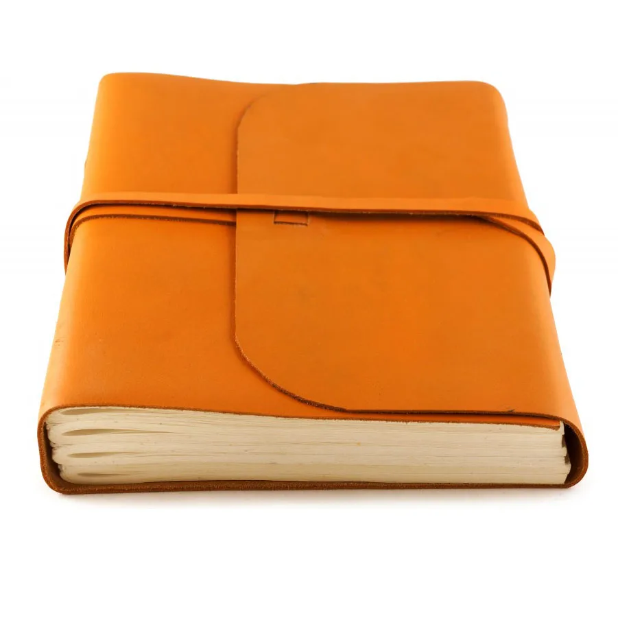 Elegant handmade personalized leather notebook amber orange large strap closure genuine leather journal cover