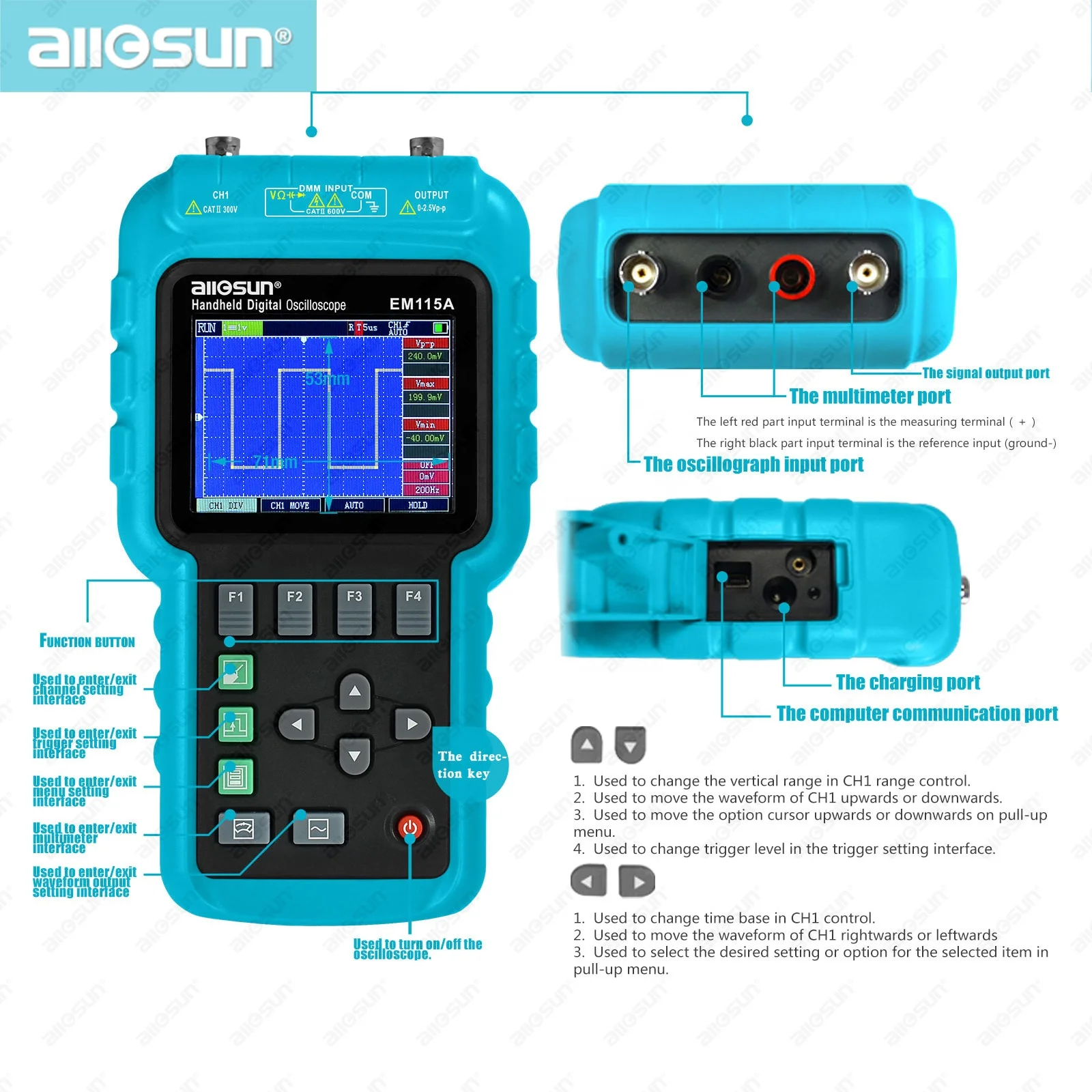 all-sun EM115A Handheld Oscillograph 3 in 1 Multi-function Oscilloscope 50MHZ Color Screen Scope meter Single Channel Hot Sale
