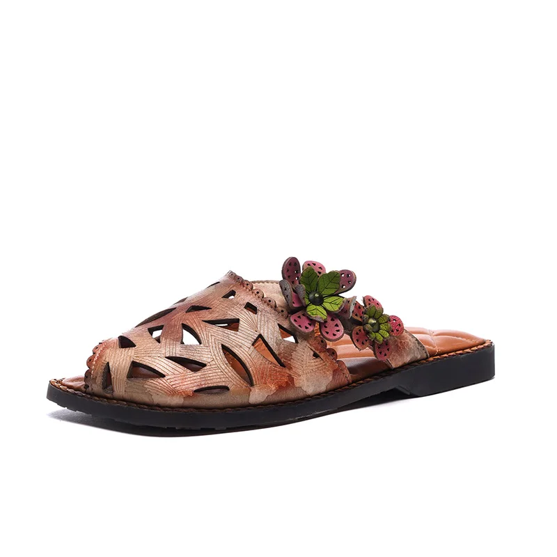 
New floral flower pattern hollow out fish mouth genuine leather comfortable casual sandal slipper for woman lady girl summer 