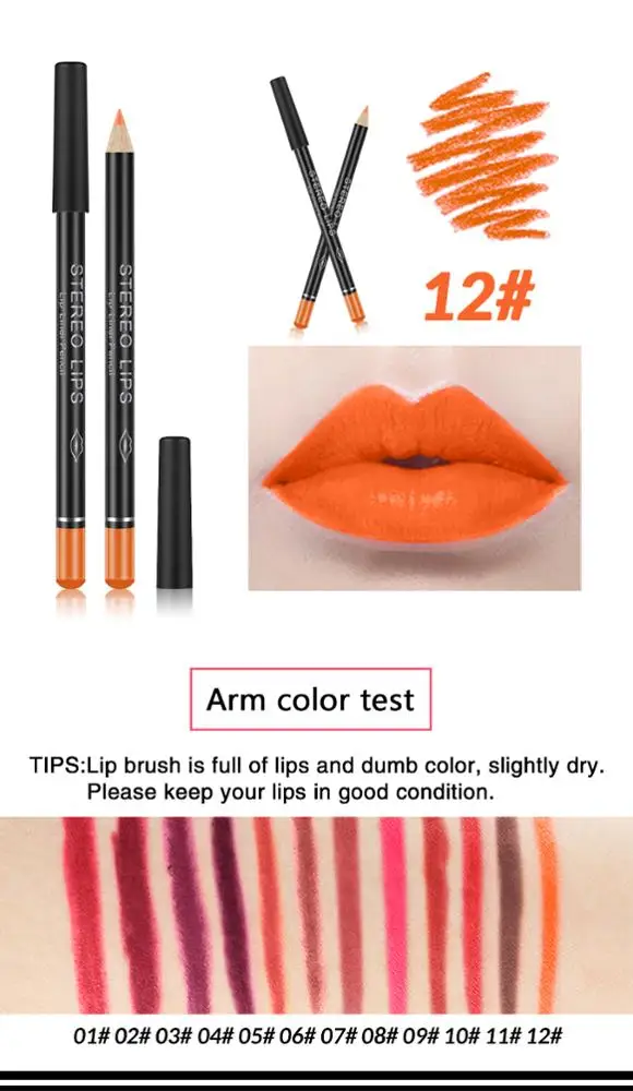 LOW MOQ Sell Fast Smoothly Lip Pen 12 Colors Matt Stereo Lip Liner Pencil Color Box Packing