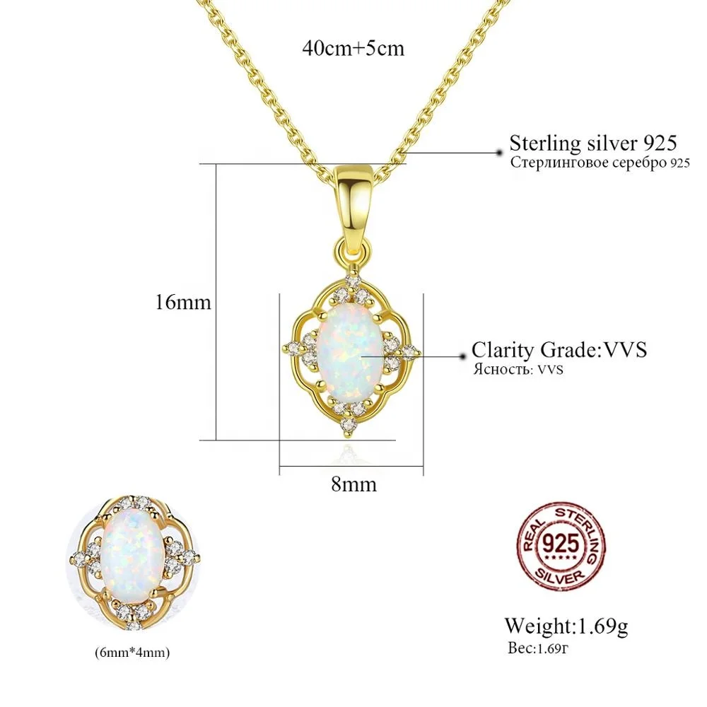 CZCITY 925 Sterling Silver Stylish Necklace Gold Plated Fashion Girls Fire Opal Pendant Necklaces Jewelry