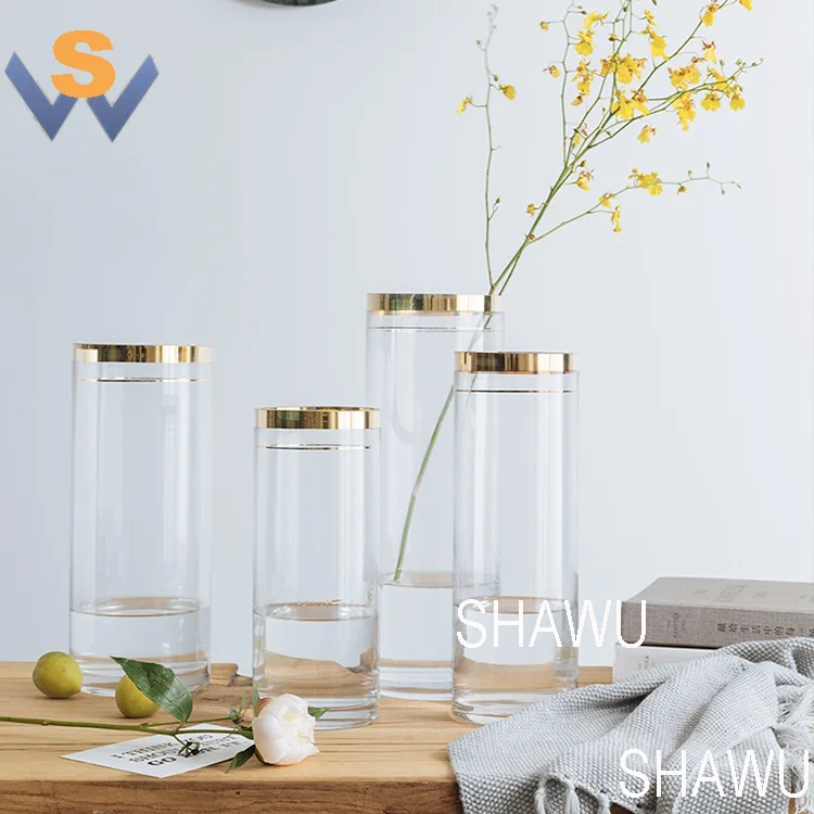 wholesale wedding cheap flower cylinder glass vase with gold rim for decoration