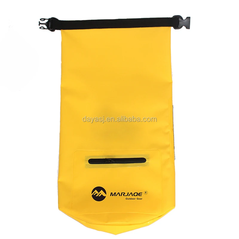 500D PVC tarpaulin waterproof dry bag with double adjustable straps front zipper pocket and side mesh pouch for camping