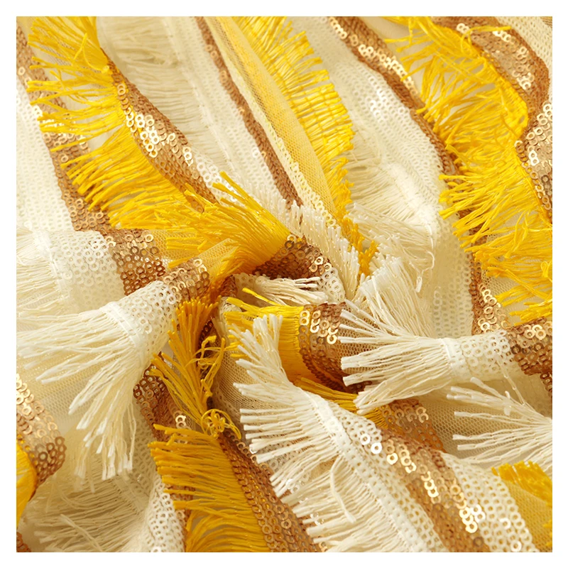 Wholesale fashion new breathable nylon tassel embroidery dress sequin fabric