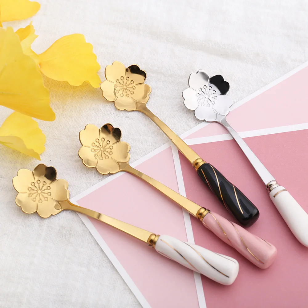Wholesale Ceramic handle Mug flower milk/tea/ coffee stirring spoon Golden Cherry rose spoon