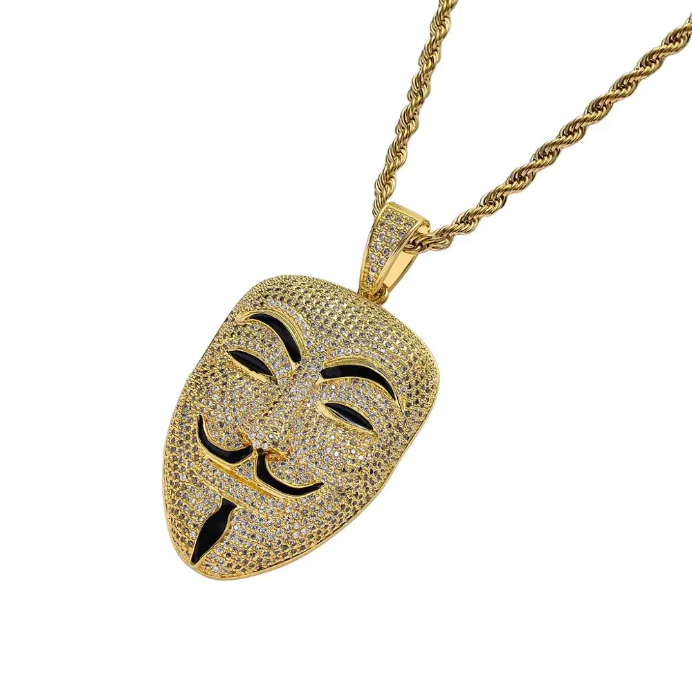 American Movie V For Vendetta Character Head Zircon Diamond Pendant Necklace Mens Iced Out Pendant Gold Hiphop Jewelry