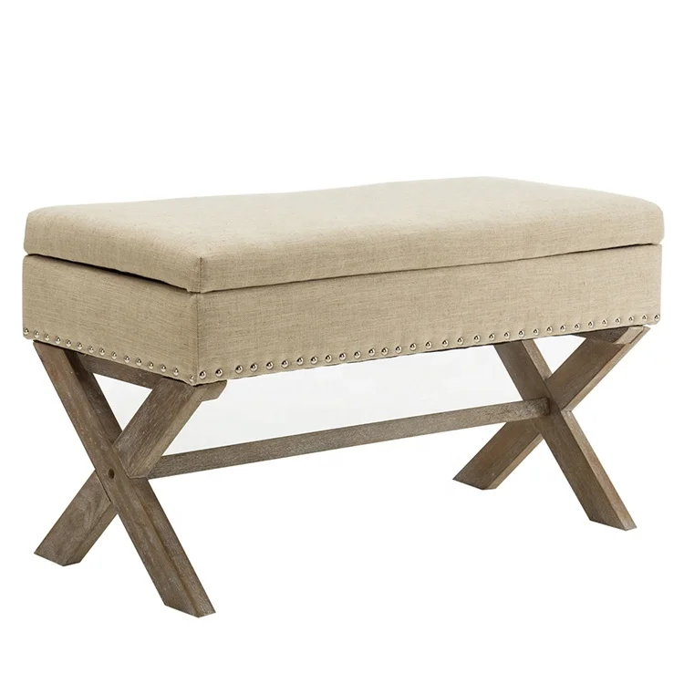 Wholesale Low Price Rubber Wood Legs Linen Fabric Rectangle Storage Ottoman Bench