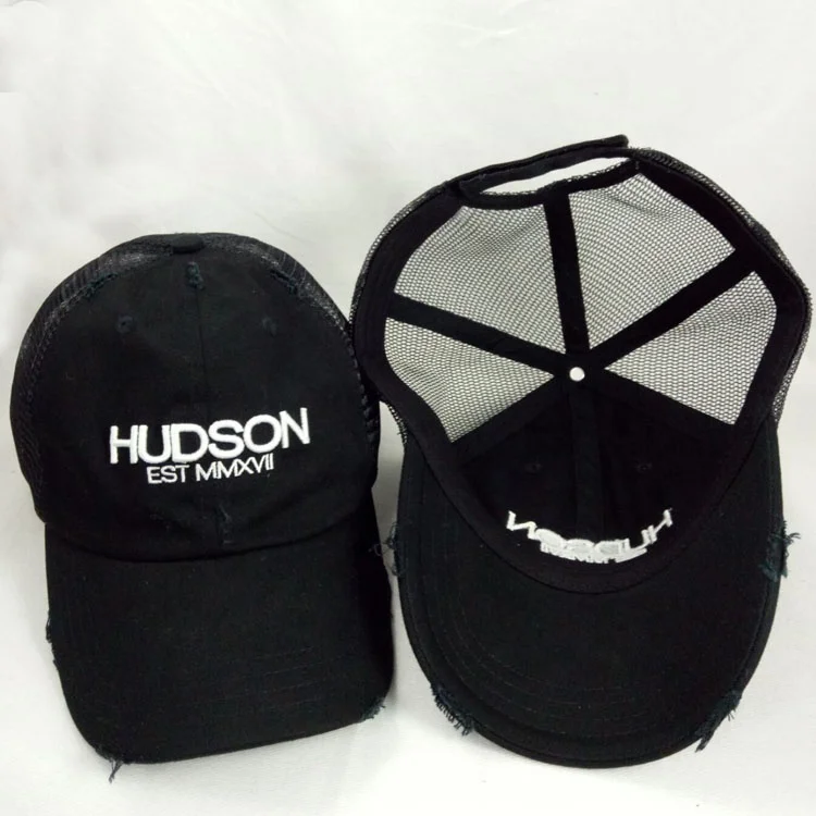 5 panel curved brim black cotton washed embroidery worn out blank vintage custom distress trucker hat cap