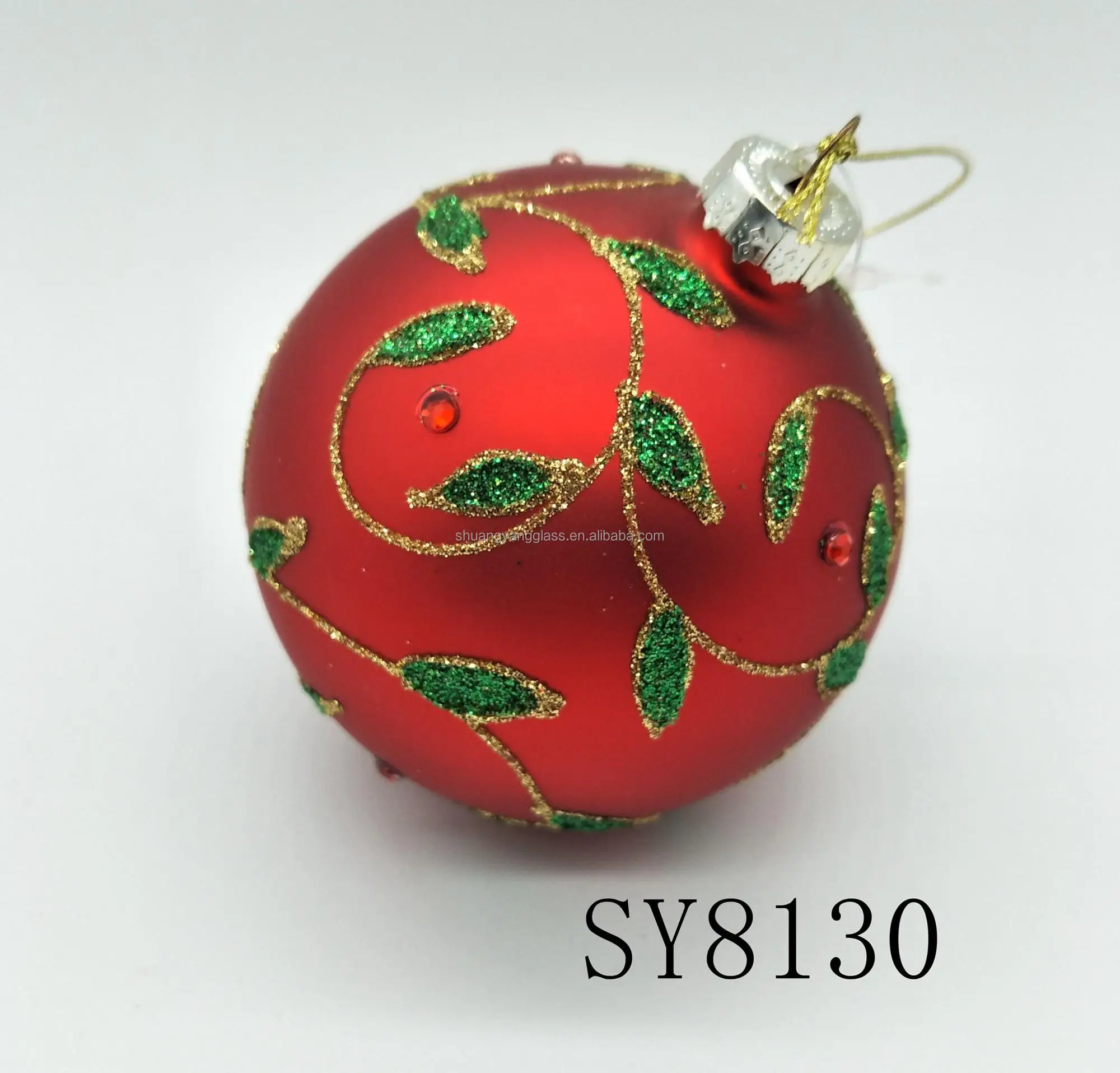 Christmas tree hanging decoration classic red hand-painted green leaf pattern glass balls