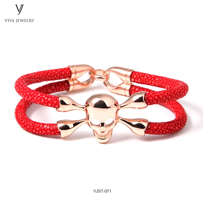 
Hot Sale Dongguan Bracelet Gift Promotional Stingray Leather Men Bracelet with Gold Skull 