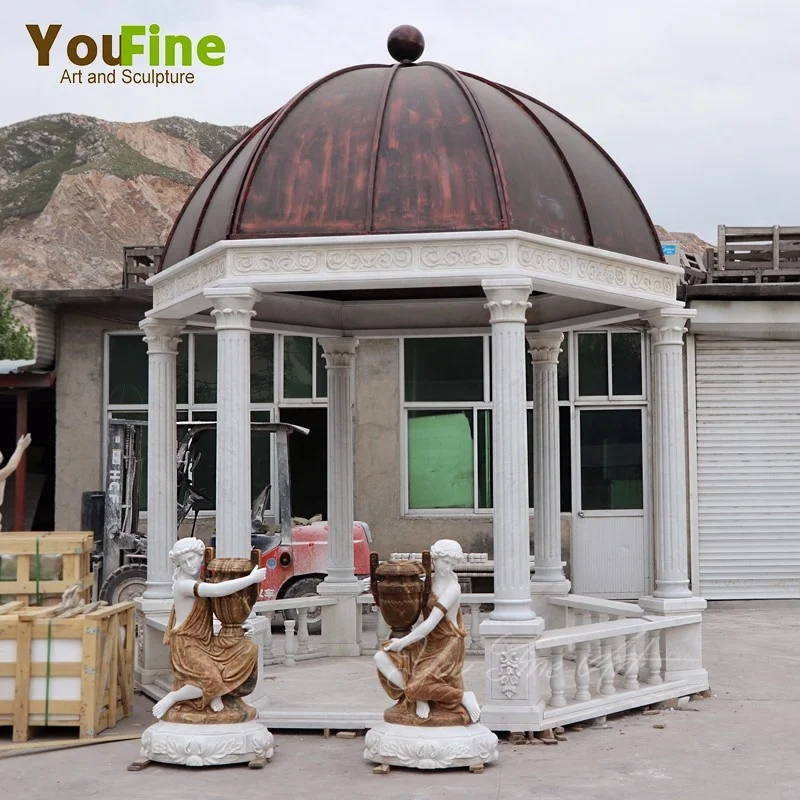 Garden Hand Carved Woman Sculptures Round Marble Gazebo