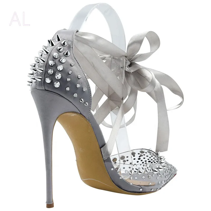 Pointed toe transparent pvc upper rivet rhinestone sandals ribbon tied ankle sandals