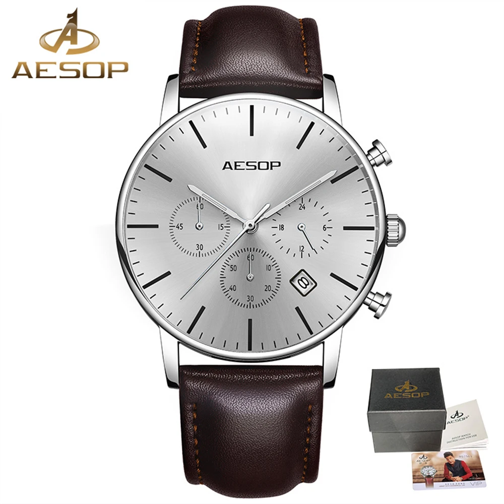 AESOP Brand Fashion Men Watch Black Thin Leather Chronograph Quartz Wristwatch Waterproof Male Clock Relogio Masculino Hodinky
