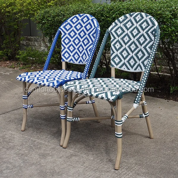 Blue Color Rattan Hotel Dining Chair with Modern Weaving Pattern