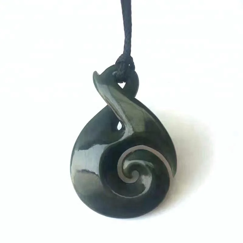 
Maori Style Twist Swirl Natural Dark Green Nephrite Jade Pendant 