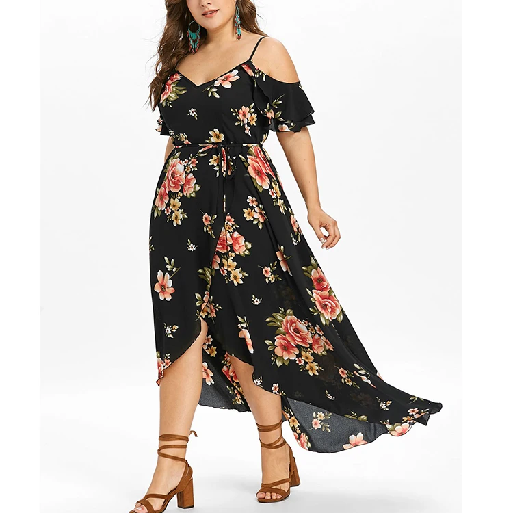 
Lady plus size floral print off shoulder dress 